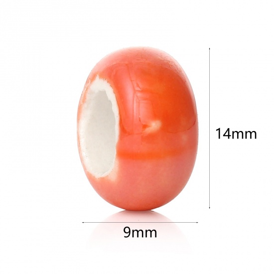 Picture of Ceramics European Style Large Hole Charm Beads Flat Round Orange-red AB Color About 13mm x 6mm, Hole: Approx 6.2mm-6.6mm, 10 PCs