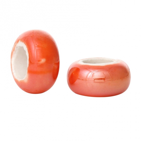 Picture of Ceramics European Style Large Hole Charm Beads Flat Round Orange-red AB Color About 13mm x 6mm, Hole: Approx 6.2mm-6.6mm, 10 PCs