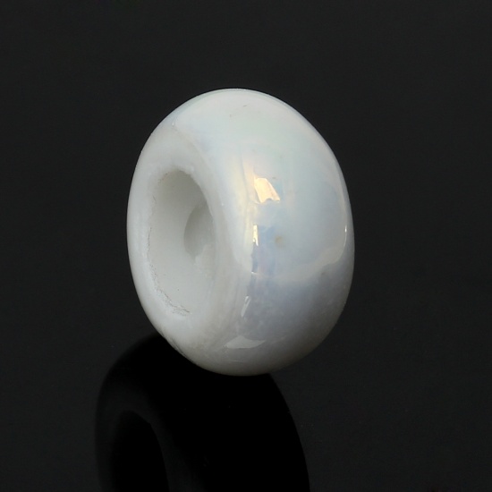 Picture of Ceramics European Style Large Hole Charm Beads Flat Round White AB Color About 12mm x 6mm, Hole: Approx 6mm - 6.2mm, 10 PCs