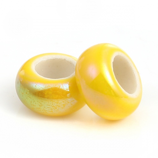 Picture of Ceramics European Style Large Hole Charm Beads Flat Round Lemon Yellow AB Color About 13mm x 6mm, Hole: Approx 6mm-6.4mm, 10 PCs