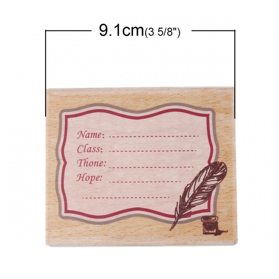 Picture of Wood Seal Stamper Rectangle Natural Feather Letter Carved Stamp 9.1cm x7.6cm(3 5/8" x3"), Piece