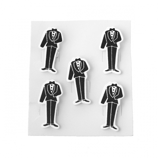 Picture of Wood Photo Paper Clothes Clothespin Clips Note Pegs Black Men's Suit Pattern 4.1cm x2.1cm(1 5/8" x 7/8"), 5 Plates (5 PCs/Plate)