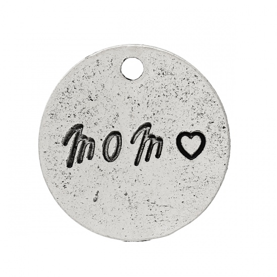 Picture of Zinc Metal Alloy Charm Pendants Round Antique Silver Message " Mom " Carved 18mm(6/8") Dia, 50 PCs