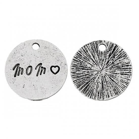 Picture of Zinc Metal Alloy Charm Pendants Round Antique Silver Message " Mom " Carved 18mm(6/8") Dia, 50 PCs