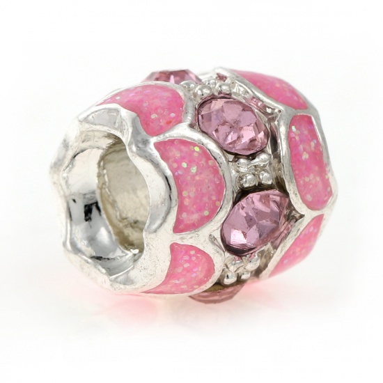 Picture of Zinc Metal Alloy European Style Large Hole Charm Beads Barrel Silver Plated Pink Enamel Pink Rhinestone About 11mm( 3/8") x 10mm( 3/8"), Hole: Approx 4.7mm, 10 PCs