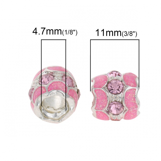 Picture of Zinc Metal Alloy European Style Large Hole Charm Beads Barrel Silver Plated Pink Enamel Pink Rhinestone About 11mm( 3/8") x 10mm( 3/8"), Hole: Approx 4.7mm, 10 PCs