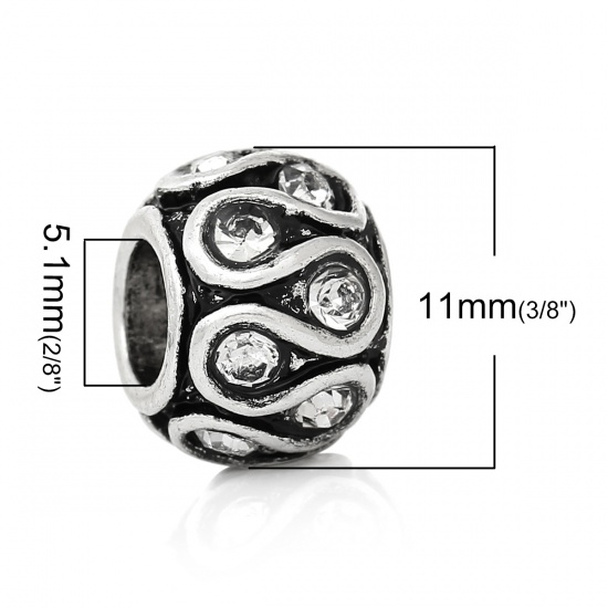 Picture of Zinc Metal Alloy European Style Large Hole Charm Beads Barrel Antique Silver Pattern Carved Clear Rhinestone About 11mm x 8mm, Hole: Approx 5.1mm, 10 PCs