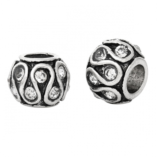 Picture of Zinc Metal Alloy European Style Large Hole Charm Beads Barrel Antique Silver Pattern Carved Clear Rhinestone About 11mm x 8mm, Hole: Approx 5.1mm, 10 PCs