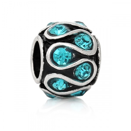 Zinc Metal Alloy European Style Large Hole Charm Beads Barrel Antique Silver Pattern Carved Blue Rhinestone About 11.0mm x 8.0mm, Hole: Approx 5.1mm, 10 PCs