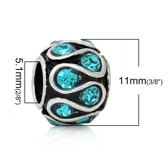 Picture of Zinc Metal Alloy European Style Large Hole Charm Beads Barrel Antique Silver Pattern Carved Blue Rhinestone About 11.0mm x 8.0mm, Hole: Approx 5.1mm, 10 PCs