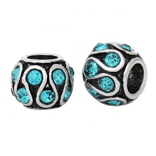 Picture of Zinc Metal Alloy European Style Large Hole Charm Beads Barrel Antique Silver Pattern Carved Blue Rhinestone About 11.0mm x 8.0mm, Hole: Approx 5.1mm, 10 PCs