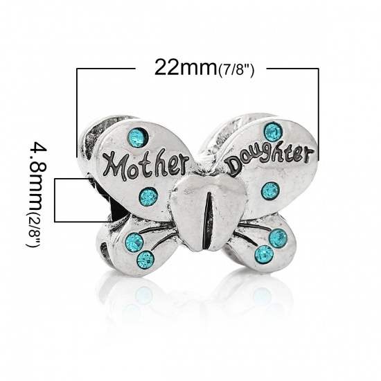 Picture of Zinc Metal Alloy European Style Large Hole Charm Beads Butterfly Antique Silver Message " Mother Daughter " Carved Blue Rhinestone About 22mm( 7/8") x 15mm( 5/8"), Hole: Approx 4.8mm, 5 PCs