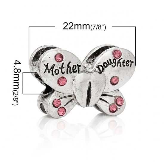 Picture of Zinc Metal Alloy European Style Large Hole Charm Beads Butterfly Antique Silver Message " Mother Daughter " Carved Pink Rhinestone About 22mm( 7/8") x 15mm( 5/8"), Hole: Approx 4.8mm, 5 PCs