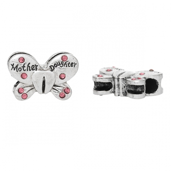 Picture of Zinc Metal Alloy European Style Large Hole Charm Beads Butterfly Antique Silver Message " Mother Daughter " Carved Pink Rhinestone About 22mm( 7/8") x 15mm( 5/8"), Hole: Approx 4.8mm, 5 PCs