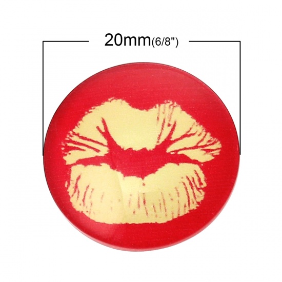 Picture of Glass Dome Seals Cabochons Round Flatback Red & Yellow Lip Pattern 20mm( 6/8") Dia, 20 PCs