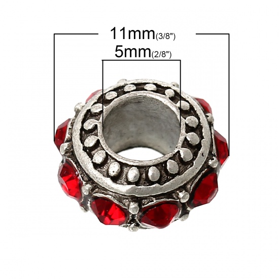 Picture of Zinc Metal Alloy European Style Large Hole Charm Beads Barrel Antique Silver Color At Random Rhinestone About 11mm x 6mm, Hole: Approx 5mm, 10 PCs