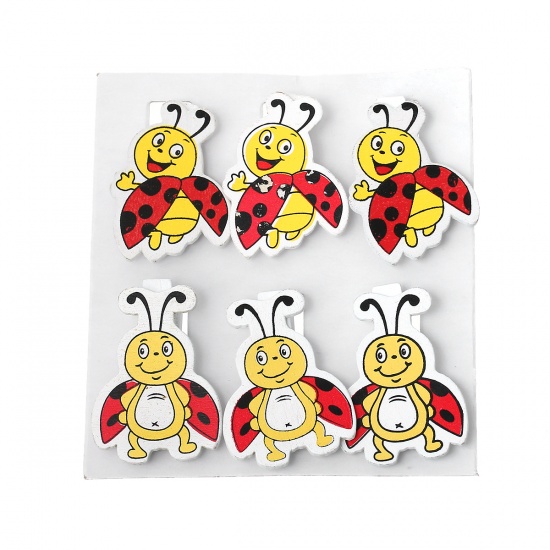 Picture of Wood Photo Holder Clothespin Clips Multicolor Bee Pattern 4.3cm x3cm(1 6/8" x1 1/8") - 4cm x3cm(1 5/8" x1 1/8"),6 Plates(Approx 6PCs/Plate)