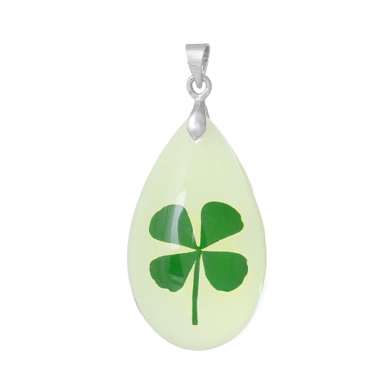 Picture of Resin Glow In The Dark Pendants Teardrop Light Green Made With Real Leaf Clover 43mm x 20mm(1 6/8" x 6/8"), 3 PCs