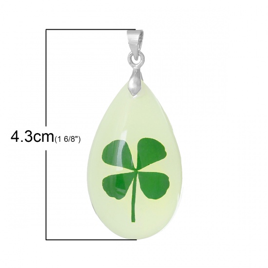 Picture of Resin Glow In The Dark Pendants Teardrop Light Green Made With Real Leaf Clover 43mm x 20mm(1 6/8" x 6/8"), 3 PCs