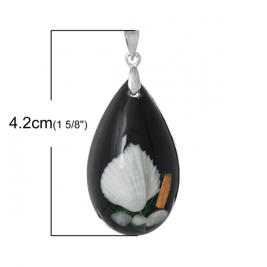 Picture of Resin Charm Pendants Teardrop Black Made With Real Shell Pattern 4.2cm x 20.0mm, 3 PCs
