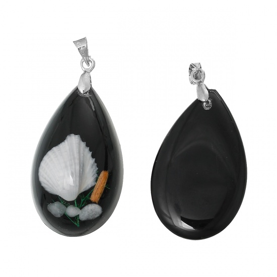 Picture of Resin Charm Pendants Teardrop Black Made With Real Shell Pattern 4.2cm x 20.0mm, 3 PCs