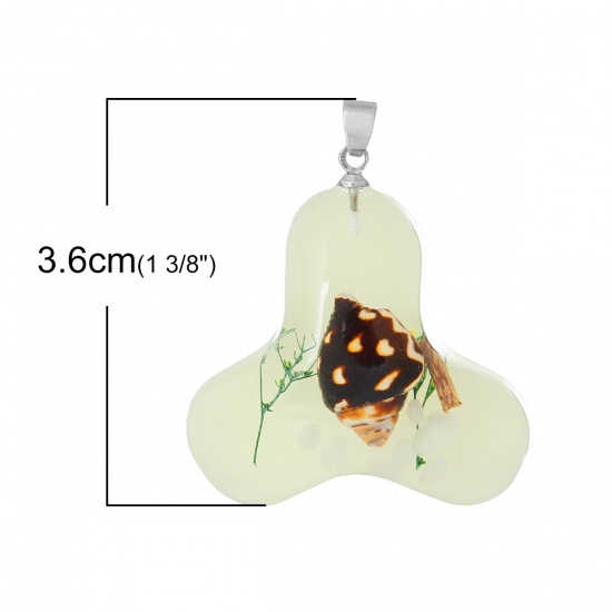 Picture of Resin Glow In The Dark Pendants Triangle Light Green Made With Real Spiral Sea Shell 36mm x 32mm(1 3/8" x1 2/8"), 3 PCs