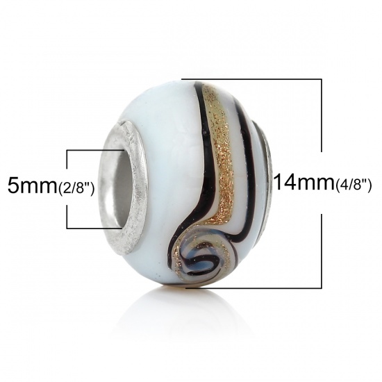 Picture of Lampwork Glass European Style Large Hole Charm Beads Round White Silver Tone Core Streak Pattern About 14mm Dia, Hole: Approx 5mm, 20 PCs