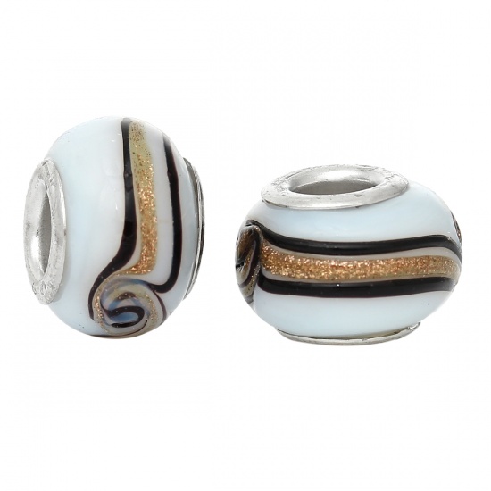 Picture of Lampwork Glass European Style Large Hole Charm Beads Round White Silver Tone Core Streak Pattern About 14mm Dia, Hole: Approx 5mm, 20 PCs