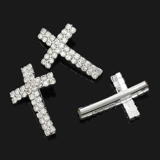 Bild von Zinklegierung Perlen Kreuz Tube Versilbert Weiß Strass ca. 30mm x 20mm, Loch:ca. 2.4mm, 2 Stück