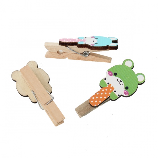Picture of Wood Photo Holder Clothespin Clips At Random Bear Pattern 5.0cm x 23.0mm, 20 PCs