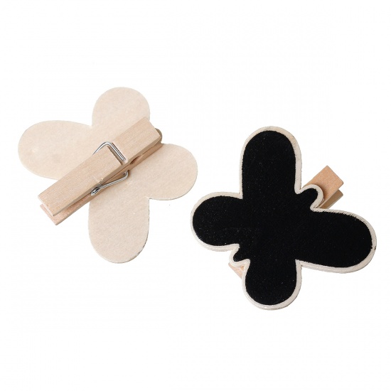 Picture of Wood Photo Paper Clothes Clothespin Clips Note Pegs Natural & Black Butterfly Pattern 4.6cm x4cm(1 6/8" x1 5/8") - 4.5cm x4.1cm(1 6/8" x1 5/8"), 50 PCs