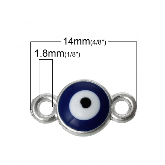 Immagine di Lega di Zinco Connettore Accessori Tondo Tono Argento Blu Scuro Malocchio Disegno Smalto 14mm x 8mm, 30 Pz