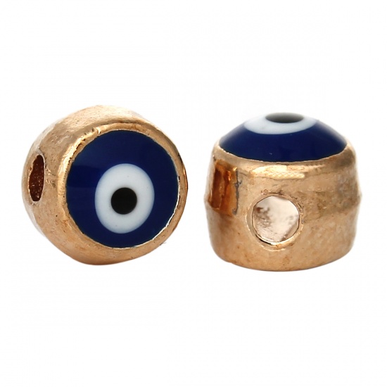 Picture of Zinc Based Alloy Spacer Beads Round Light Golden Deep Blue Enamel Evil Eye Pattern About 6mm Dia, Hole:Approx 1.7mm, 30 PCs