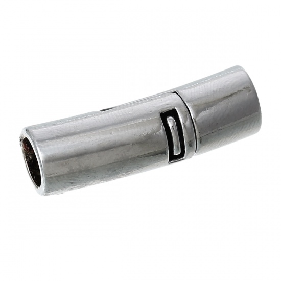 Bild von Zinklegierung Magnetverschluss Tube Silberfarbe (für 6mm D Kordel) 27mm x 8mm 2 Sets