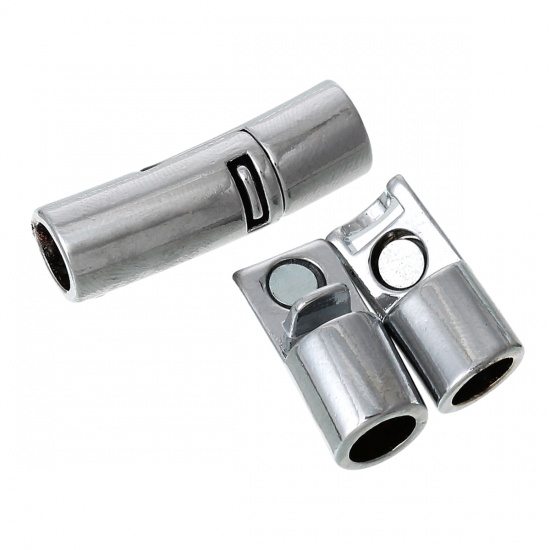 Bild von Zinklegierung Magnetverschluss Tube Silberfarbe (für 6mm D Kordel) 27mm x 8mm 2 Sets