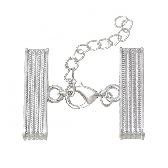 Picture of Necklace Cord End Caps Rectangle Silver Tone With Lobster Claw Clasp And Extender Chain (Fits 30mm x 4mm Cord) 32mm x 14mm, 2 Sets