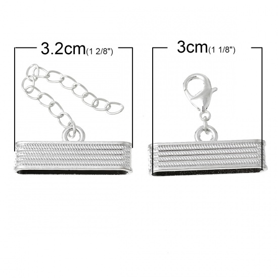 Picture of Necklace Cord End Caps Rectangle Silver Tone With Lobster Claw Clasp And Extender Chain (Fits 30mm x 4mm Cord) 32mm x 14mm, 2 Sets