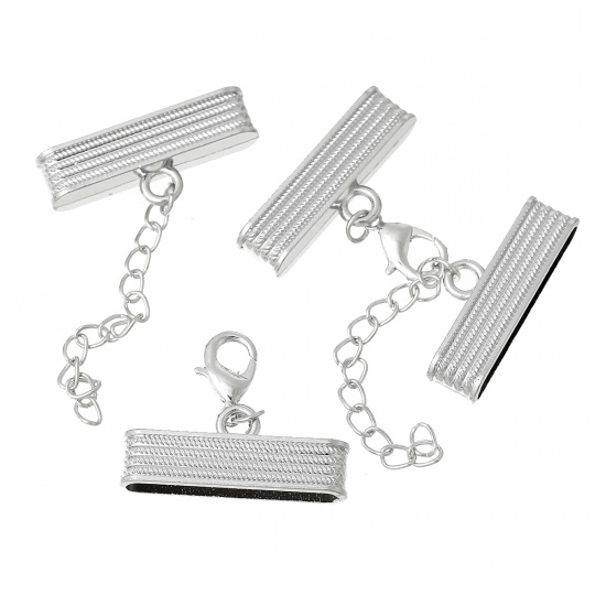 Picture of Necklace Cord End Caps Rectangle Silver Tone With Lobster Claw Clasp And Extender Chain (Fits 30mm x 4mm Cord) 32mm x 14mm, 2 Sets