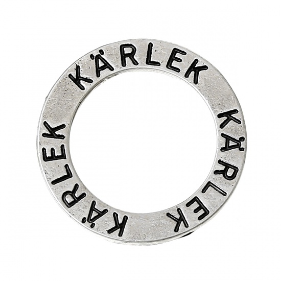Picture of Zinc Based Alloy Charms Circle Ring Antique Silver Message " Karlek " Carved 23mm(7/8") Dia, 20 PCs