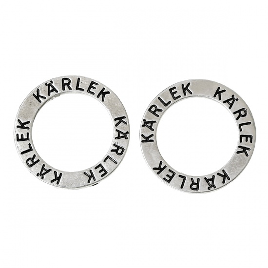 Picture of Zinc Based Alloy Charms Circle Ring Antique Silver Message " Karlek " Carved 23mm(7/8") Dia, 20 PCs