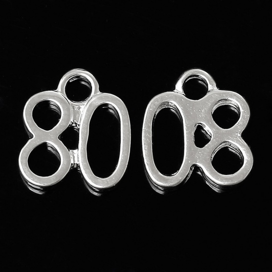 Picture of Zinc Metal Alloy Charm Pendants Number Age " 80 " Silver Plated 12mm(4/8") x 10mm(3/8"), 30 PCs