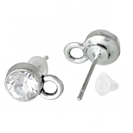 Picture of Zinc Based Alloy Ear Post Stud Earrings Findings Round Silver Tone Clear Rhinestone W/ Loop 10.5mm x7mm( 3/8" x 2/8"), Post/ Wire Size: (21 gauge), 20 PCs