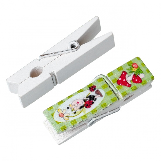 Picture of Wood Photo Paper Clothes Clothespin Clips Note Pegs Rectangle Green Flower Pattern 4.5cm x1.5cm(1 6/8" x 5/8"), 2 Plates (6 PCs/Plate)