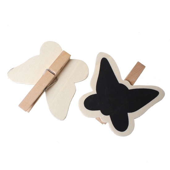 Picture of Wood Photo Paper Clothes Clothespin Clips Note Pegs Butterfly Natural & Black 7.9cm x7.8cm(3 1/8" x3 1/8") - 7.8cm x7.7cm(3 1/8" x3"), 2 Plates (4 PCs/Plate)