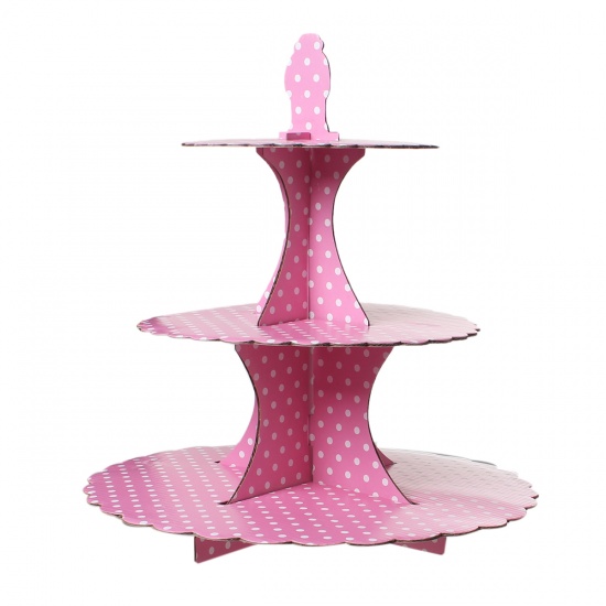 Picture of Paper Party Cake Cupcake Stand 3 Tier Pink White Dot Pattern 37cm x31cm(14 5/8" x12 2/8"), 1 Set