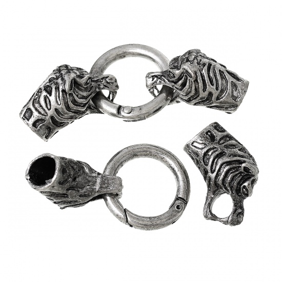 Picture of Zinc Based Alloy Hook Clasps Tiger Antique Silver (Fits 9mm Cord) 6.5cm x2.5cm, 2 Sets