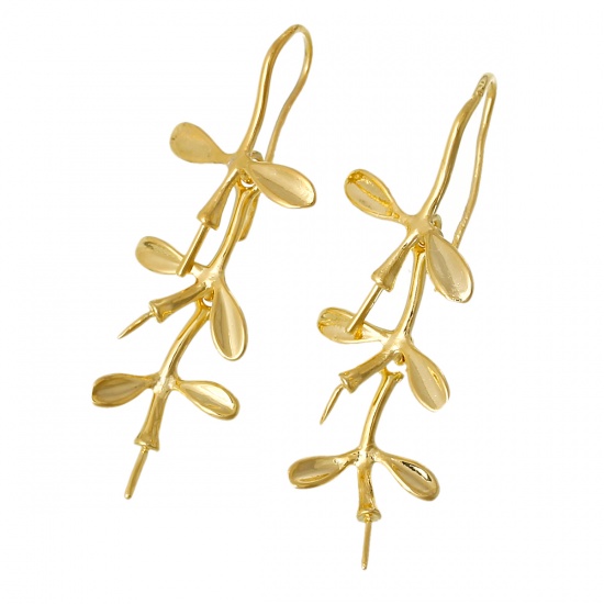 Picture of Brass Ear Wire Hooks Earring Findings Leaf Gold Plated 4.1cm x1.7cm(1 5/8" x 5/8") - 3.8cm x1.6cm(1 4/8" x 5/8"), Post/ Wire Size: (20 gauge), 10 PCs                                                                                                         