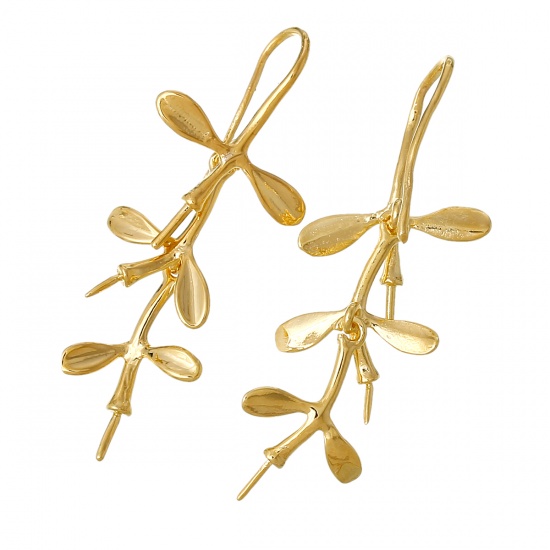 Picture of Brass Ear Wire Hooks Earring Findings Leaf Gold Plated 4.1cm x1.7cm(1 5/8" x 5/8") - 3.8cm x1.6cm(1 4/8" x 5/8"), Post/ Wire Size: (20 gauge), 10 PCs                                                                                                         