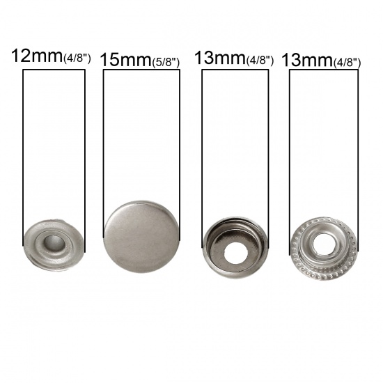 Picture of Iron Based Alloy Metal Snap Fastener Buttons Round Silver Tone 15mm( 5/8") Dia 13mm( 4/8") Dia 12mm( 4/8") Dia, 50 Sets(4 PCs/Set)