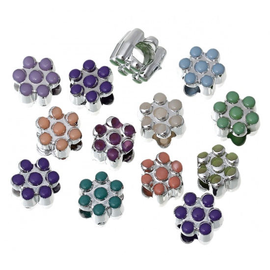 Picture of Acrylic European Style Large Hole Charm Beads Flower Silver Tone At Random About 10mm x 9mm, Hole: Approx 4.8mm, 50 PCs